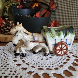 Vintage Occupied Japan Porcelain Trinket Planter - Two Horses and Hay Cart